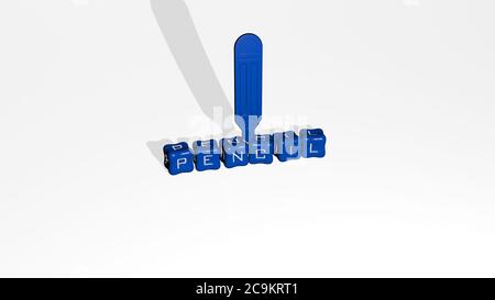 3D-Illustration von Bleistift-Grafiken und Text von metallischen Würfel Buchstaben für die damit verbundenen Bedeutungen des Konzepts und Präsentationen. Hintergrund und Zeichnung Stockfoto