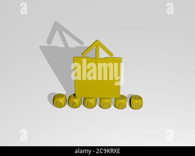 3D-Illustration von UPLOAD-Grafiken und Text von metallischen Würfel Buchstaben für die damit verbundenen Bedeutungen des Konzepts und Präsentationen gemacht. Icon und Download Stockfoto