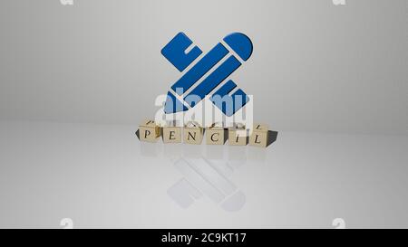 3D-Illustration von Bleistift-Grafiken und Text von metallischen Würfel Buchstaben für die damit verbundenen Bedeutungen des Konzepts und Präsentationen. Hintergrund und Zeichnung Stockfoto