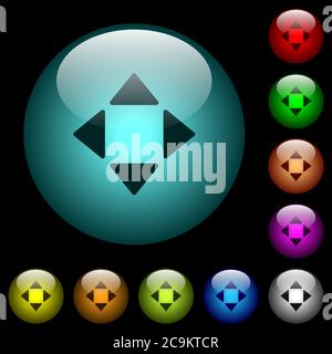 Steuerpfeile Symbole in Farbe beleuchtete kugelförmige Glas Tasten auf schwarzem Hintergrund. Kann für schwarze oder dunkle Vorlagen verwendet werden Stock Vektor