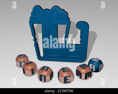 3D-Grafik-Bild des KINOS vertikal zusammen mit Text um das Symbol von metallischen kubischen Buchstaben aus der oberen Perspektive gebaut, ausgezeichnet für das Konzept Präsentation und Diashows. Illustration Stockfoto