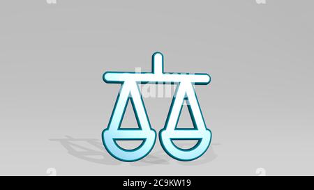 Rechtliche Skala aus einer Perspektive mit dem Schatten. Eine dicke Skulptur aus metallischen Materialien von 3D-Rendering. Illustration und Business Stockfoto