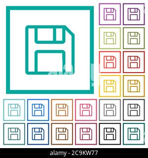 Diskette als Speichersymbol flache Farbsymbole mit Quadranten Rahmen auf weißem Hintergrund Stock Vektor