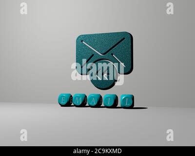3D-Darstellung von E-MAIL mit Symbol an der Wand und Text angeordnet durch metallische kubische Buchstaben auf einem Spiegelboden für Konzept Bedeutung und Diashow-Präsentation. Illustration und Business Stockfoto