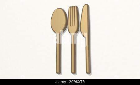 Löffel, Gabel und Messer aus 3D-Illustration einer glänzenden Metallskulptur an einer Wand mit hellem Hintergrund. Essen und Teller Stockfoto