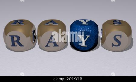 Kreuzworträtsel von STRAHLEN angeordnet durch kubische Buchstaben auf einem Spiegelboden, Konzept Bedeutung und Präsentation. Hintergrund und Illustration. 3D-Illustration Stockfoto