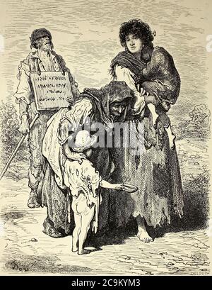 Mendiants a Madridejos [Beggars in Madridejos] Seitenillustration aus dem Buch 'SPain' [L'Espagne] von Davillier, Jean Charles, barón, 1823-1883; Doré, Gustave, 1832-1883; Veröffentlicht in Paris, Frankreich von Libreria Hachette, 1874 Stockfoto