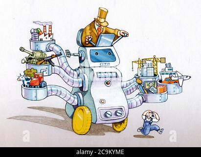 Geschäftsmann fährt riesigen Roboter politische Karikatur Stockfoto