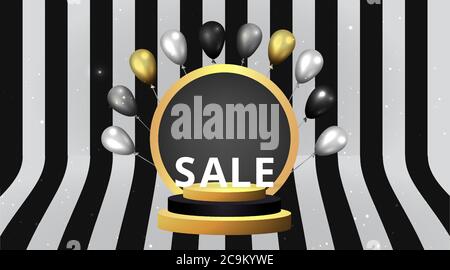 Metallische goldene Bühne mit Luftballons, runde Plattform und realistischer Rahmen minimaler Hintergrund, 3d-Szene für Produktpräsentation oder Mockup. Verkaufsabschluss Stock Vektor