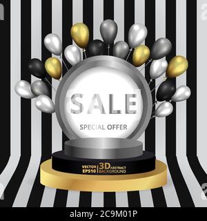 Metallische goldene Bühne mit Luftballons, runde Plattform und realistischer Rahmen minimaler Hintergrund, 3d-Szene für Produktpräsentation oder Mockup. Verkaufsabschluss Stock Vektor