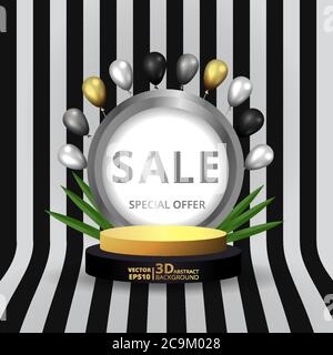 Metallische goldene Bühne mit Luftballons, runde Plattform und realistischer Rahmen minimaler Hintergrund, 3d-Szene für Produktpräsentation oder Mockup. Verkaufsabschluss Stock Vektor