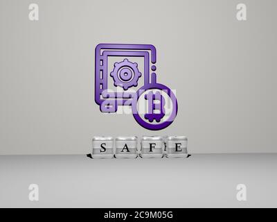 3D-Grafik-Bild von SAFE vertikal zusammen mit Text von metallischen kubischen Buchstaben aus der oberen Perspektive gebaut, ausgezeichnet für das Konzept Präsentation und Diashows. Illustration und Symbol Stockfoto