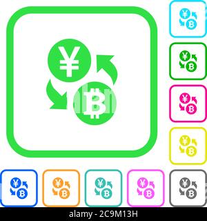 Yen Bitcoin Geldwechsel lebendige farbige flache Symbole in geschwungenen Rändern auf weißem Hintergrund Stock Vektor