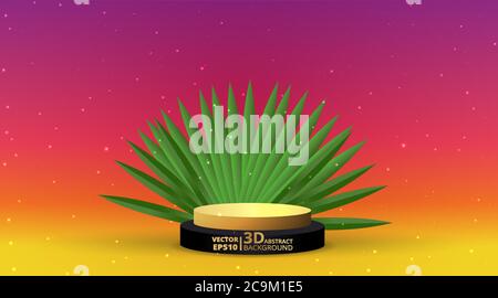Metallische goldene Bühne mit Palmblättern, realistische, runde Plattform und realistischer Rahmen minimaler Hintergrund, 3d-Szene für Produktpräsentation oder Mockup. Stock Vektor