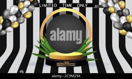 Metallische goldene Bühne mit Luftballons, runde Plattform und realistischer Rahmen minimaler Hintergrund, 3d-Szene für Produktpräsentation oder Mockup. Verkaufsabschluss Stock Vektor