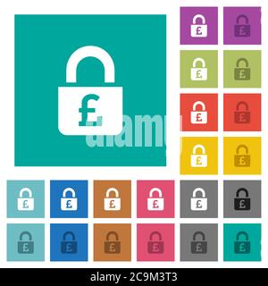 Locked Pounds mehrfarbige flache Symbole auf einfachen quadratischen Hintergründen. Weiße und dunklere Symbolvarianten für schwebe- oder aktive Effekte. Stock Vektor