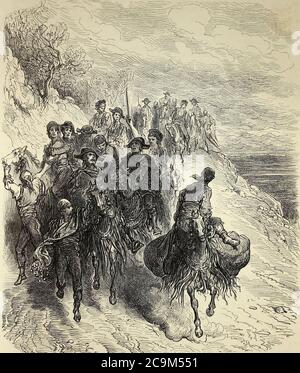 Étudiants de la tuna voyageant avec des arrieros (muletiers) [Thunfisch-Studenten (Musiker) reisen mit Arrieros (Maultierfahrer)] Seitenillustration aus dem Buch 'SPain' [L'Espagne] von Davillier, Jean Charles, barón, 1823-1883; Doré, Gustave, 1832-1883; Veröffentlicht in Paris, Frankreich von Libreria Hachette, 1874 Stockfoto