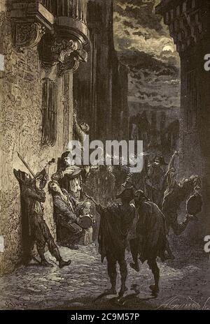 Étudiants de la tuna donnat une sérénade [Thuna students serenading] Seitenillustration aus dem Buch 'SPain' [L'Espagne] von Davillier, Jean Charles, barón, 1823-1883; Doré, Gustave, 1832-1883; Veröffentlicht in Paris, Frankreich von Libreria Hachette, 1874 Stockfoto