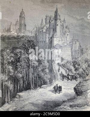 Ségovie- l'Alcazar et la Cathédrale [Segovia- The Alcazar (Maurische Burg) and the Cathedral] Seitenillustration aus dem Buch 'SPain' [L'Espagne] von Davillier, Jean Charles, barón, 1823-1883; Doré, Gustave, 1832-1883; Veröffentlicht in Paris, Frankreich von Libreria Hachette, 1874 Stockfoto