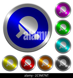 Tischtennis-Symbole auf runden, münzähnlichen farbigen Stahlknöpfen Stock Vektor