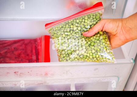 Frau Hand Putting hausgemachte Verpackung von grünen Erbsen in den Gefrierschrank. Nahaufnahme. Stockfoto