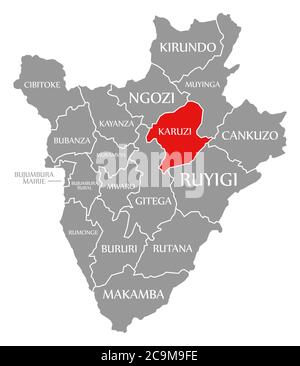 Karuzi rot in der Karte von Burundi hervorgehoben Stockfoto