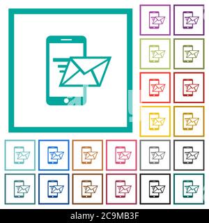 Senden von E-Mails von Mobiltelefonen mit flachen Farbsymbolen mit Quadrantenrahmen auf weißem Hintergrund Stock Vektor