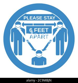 Rundes Warnschild empfiehlt soziale Distanzierung von 6 Fuß Stock Vektor