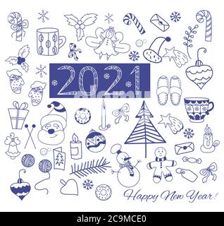 2021 Neujahr eingestellt. Niedliche Kritzeleien. Neujahrszeichnungen - ein Schneemann und ein Baum, Weihnachtsmann und eine Fee, ein Lebkuchenmann und ein Weihnachtsstern, ein Umschlag und Stock Vektor