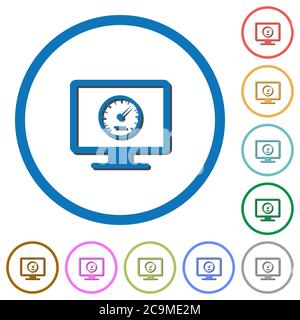Computer Benchmark flache Farbe Vektor-Symbole mit Schatten in runden Umrissen auf weißem Hintergrund Stock Vektor