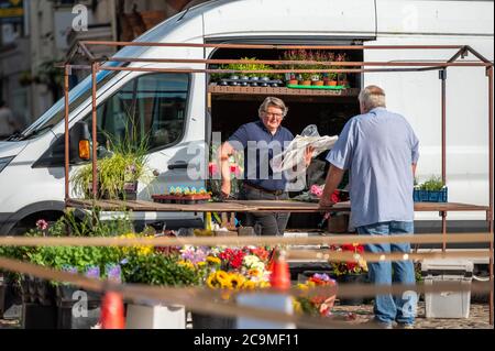 Richmond, North Yorkshire, UK - 1. August 2020: Ein Outdoor Blumenmarkt Stallbesitzer, der einen Kunden bedient Stockfoto