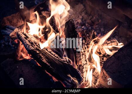 Nahaufnahme von brennenden Holzstämmen im Lagerfeuer. Stockfoto