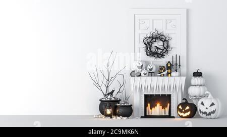 Wohnzimmer-Interieur mit Laternen und Halloween Kürbisse, Jack-o-Laterne, für Halloween-Party, 3D-Rendering dekoriert Stockfoto