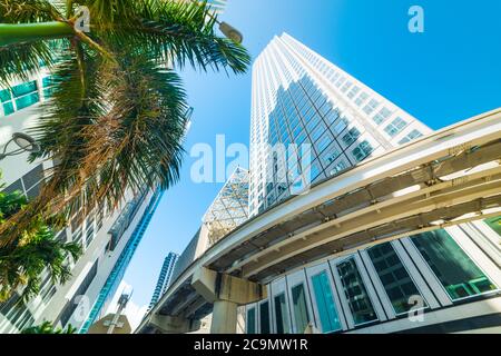 Wolkenkratzer und Einschienenbahn in Downtown Miami. Südflorida, USA Stockfoto
