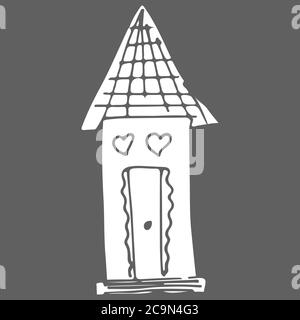 Vektorsymbol. Doodle handgezeichnetes Zeichen der Immobilie. Kindliche Illustration für Print, Web. Vektor Skizze Illustration - Landhaus. Kindliches drawin Stock Vektor
