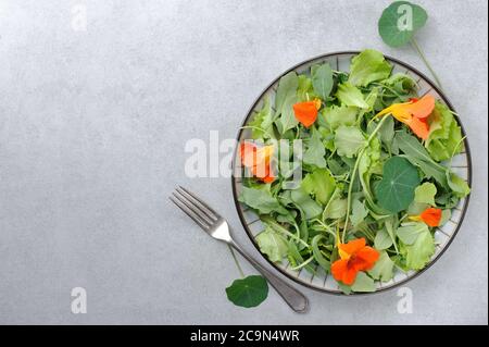 Frischer Kapuzinersalat mit Kapuzinerblätter und Blüten, zusammen mit Rucola und Baby-Salatblättern.Flat Lay.Horizontal. Stockfoto