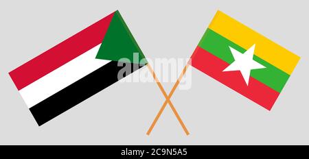 Gekreuzte Flaggen des Sudan und Myanmar. Offizielle Farben. Korrektes Verhältnis. Vektorgrafik Stock Vektor