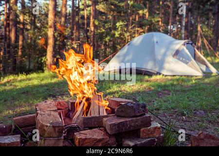 Brennendes Lagerfeuer, mit Zelt im Hintergrund, tief im Wald, bei Sonnenuntergang. Stockfoto