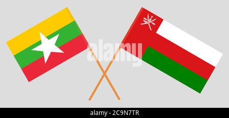 Gekreuzte Flaggen von Oman und Myanmar. Offizielle Farben. Korrektes Verhältnis. Vektorgrafik Stock Vektor