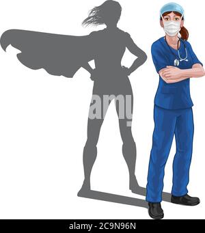 Superheld Krankenschwester Doktor Frau Super Held Schatten Stock Vektor