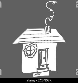 Vektorsymbol. Doodle handgezeichnetes Zeichen der Immobilie. Kindliche Illustration für Print, Web. Vektor Skizze Illustration - Landhaus. Kindliches drawin Stock Vektor
