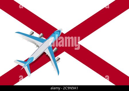 Vektor Illustration eines Passagierflugzeugs, das über die Flagge von Alabama fliegt. Konzept von Tourismus und Reisen Stock Vektor