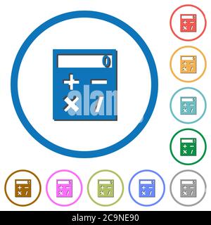 Taschenrechner flache Farb-Vektor-Symbole mit Schatten in runden Umrissen auf weißem Hintergrund Stock Vektor