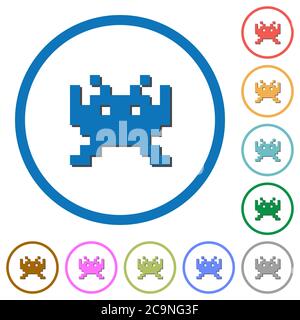 Videospiel flache Farbe Vektor-Symbole mit Schatten in runden Umrissen auf weißem Hintergrund Stock Vektor