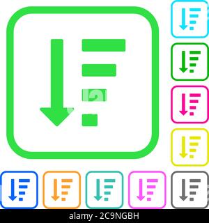 Absteigende sortierte Liste Modus lebendige farbige flache Symbole in gekrümmten Rändern auf weißem Hintergrund Stock Vektor
