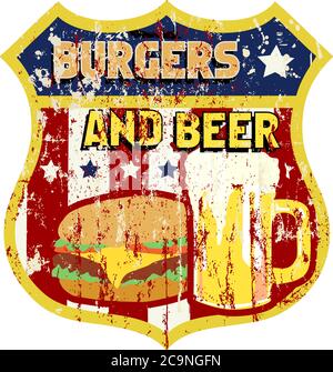 Vintage grungy Bier und Hamburger Werbung Schild, Retro-Diner-Zeichen, Vektor-Illustration Stock Vektor