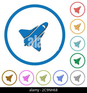 Space Shuttle flache Farb-Vektor-Symbole mit Schatten in runden Konturen auf weißem Hintergrund Stock Vektor