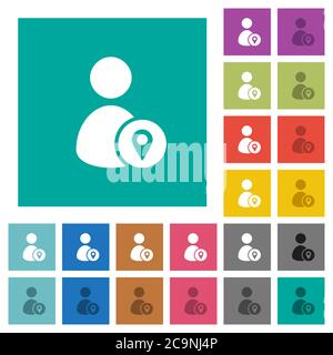 Standort des Benutzers mehrfarbige flache Symbole auf einfachen quadratischen Hintergründen. Weiße und dunklere Symbolvarianten für schwebe- oder aktive Effekte. Stock Vektor