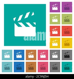 Mehrfarbige flache Symbole mit Klapperboard auf schlichten quadratischen Hintergründen. Weiße und dunklere Symbolvarianten für schwebe- oder aktive Effekte. Stock Vektor