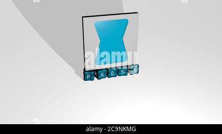 3D-Illustration von DRUCKGRAFIKEN und Text aus metallischen Würfelbuchstaben für die damit verbundenen Bedeutungen des Konzepts und der Präsentationen. Hintergrund und Symbol Stockfoto